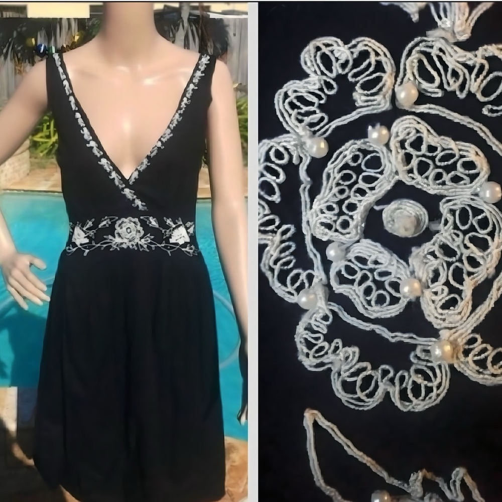 Black V-Neck Sleeveless Dress with White Embroidered Detail